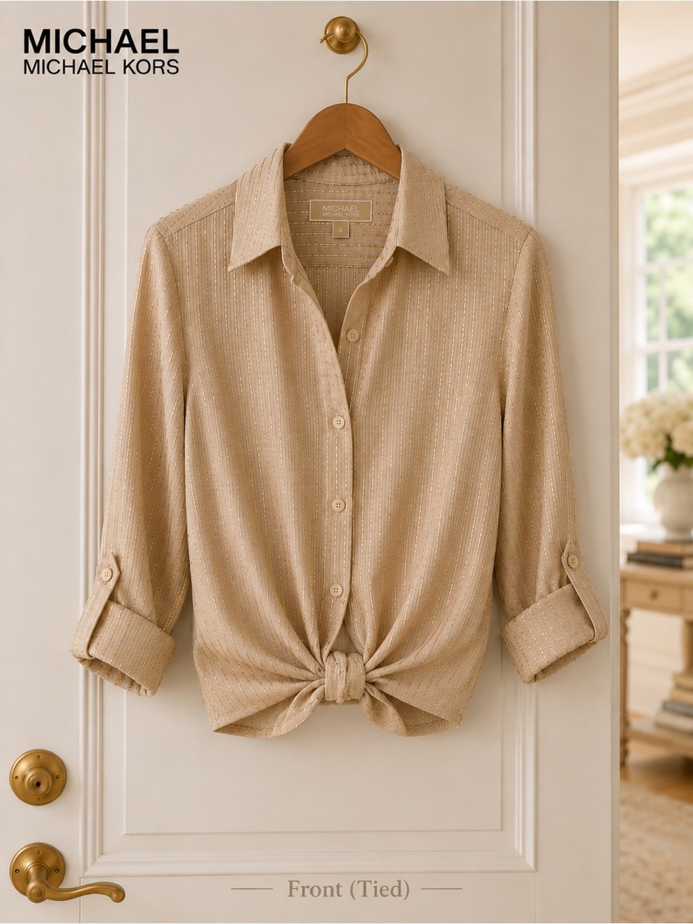 Michael by Michael Kors 🌸 Like NEW 🌸Tan and Metallic Gold Stripe, Women’s Small - Picture 2 of 14